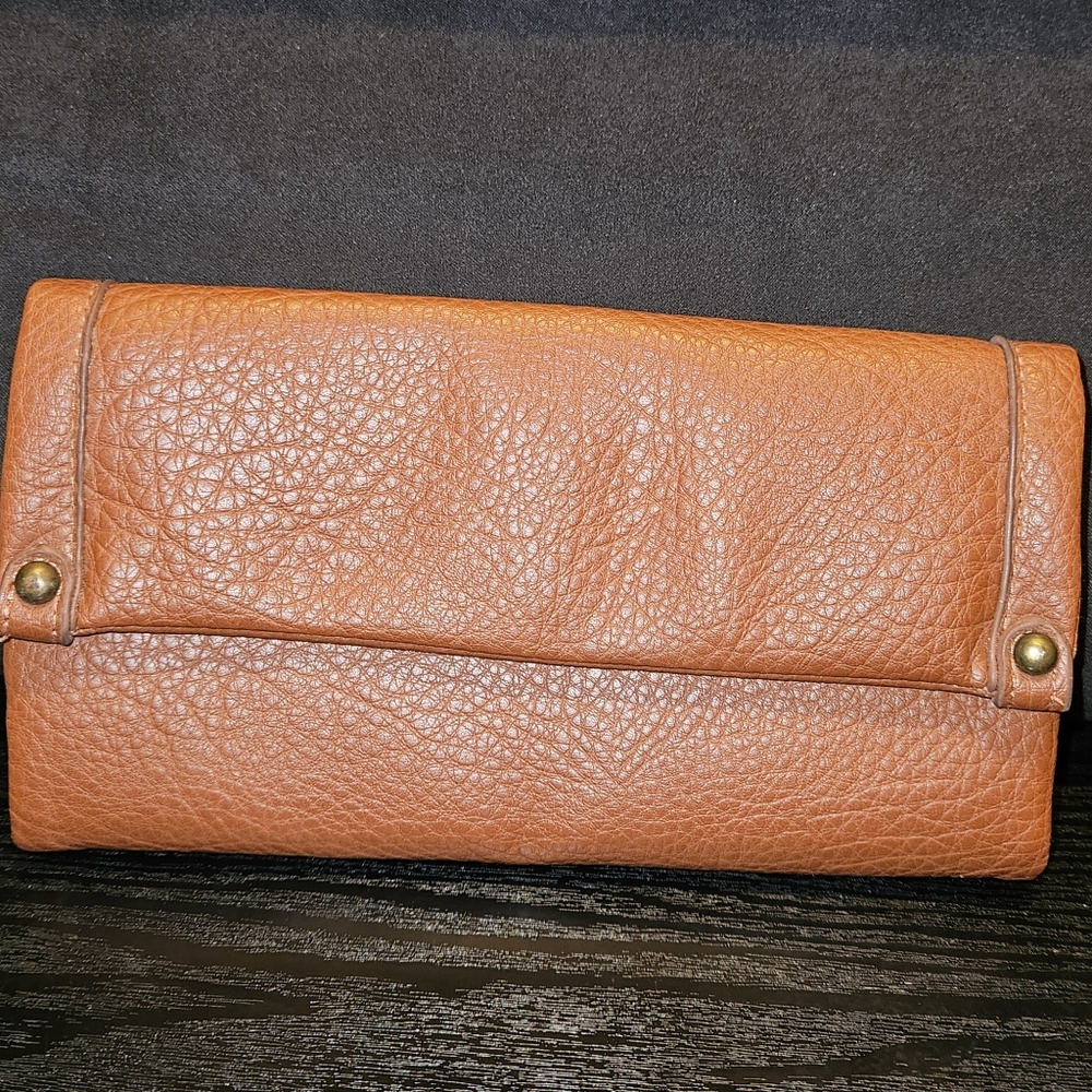 Faux Brown Leather Wallet - Folding Magnet Snap Closure - Made in Cambodia tag